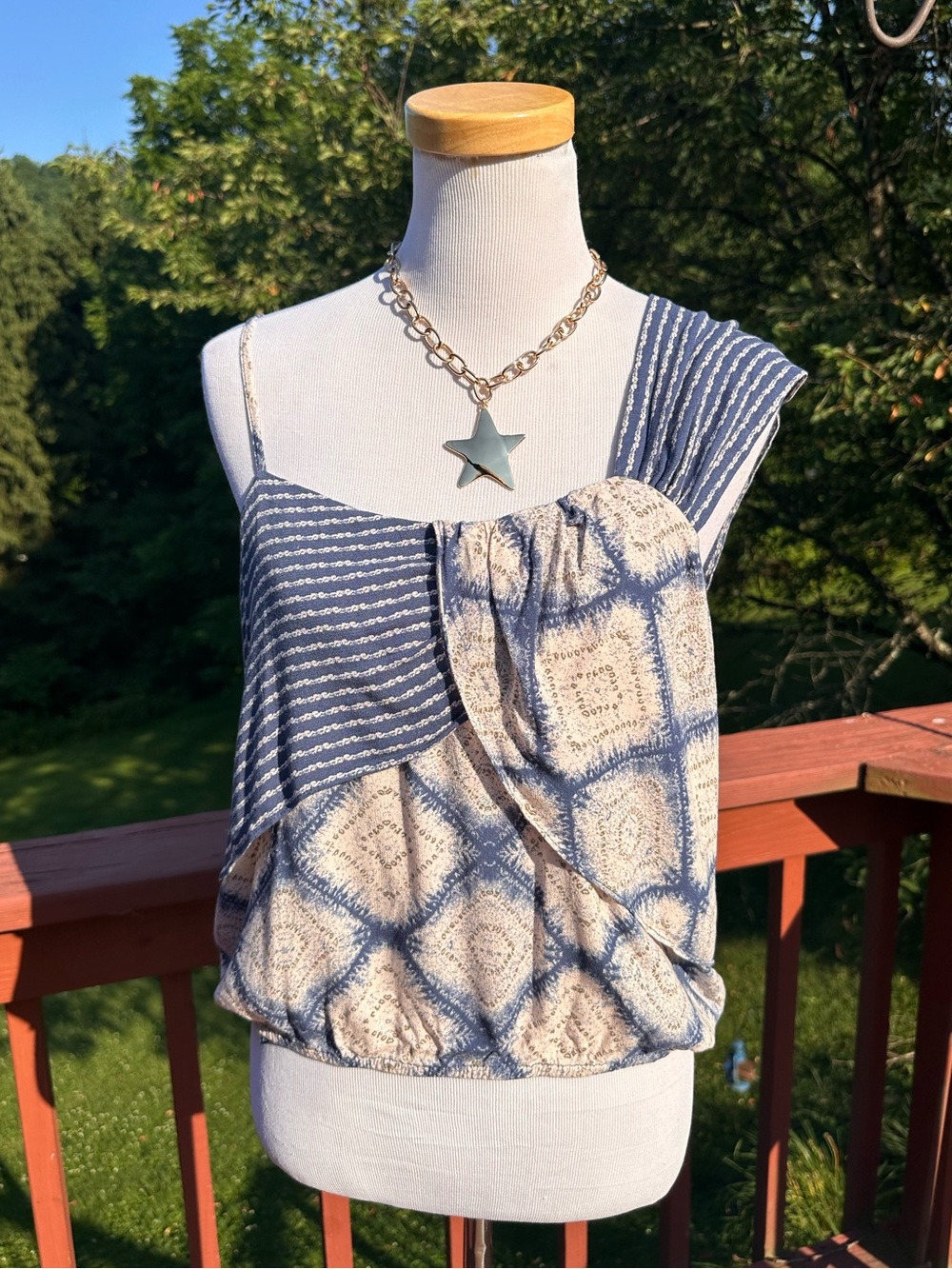 Free People Call On Me Blue and Cream Mixed-Print Asymmetric Camisole